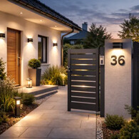 Vonkajšie osvetlenie fasády domu, vstupu a čísla domu. Osvetlenie fasády, vstupnej bránky a čísla domu.